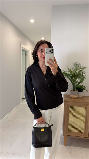 Hubbis Siyah Premium Bel Detaylı Poplin Gömlek