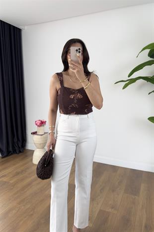 Hudy Kahve Çiçek Desenli Askılı Dantel Bluz
