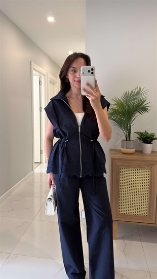 Hukka Lacivert Bel Büzgülü İşleme Detaylı Yelek Pantolon Takım