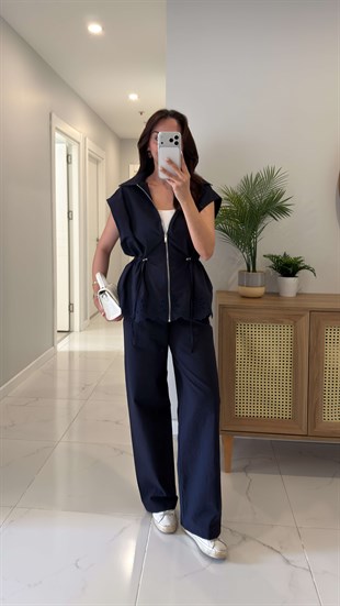 Hukka Lacivert Bel Büzgülü İşleme Detaylı Yelek Pantolon Takım