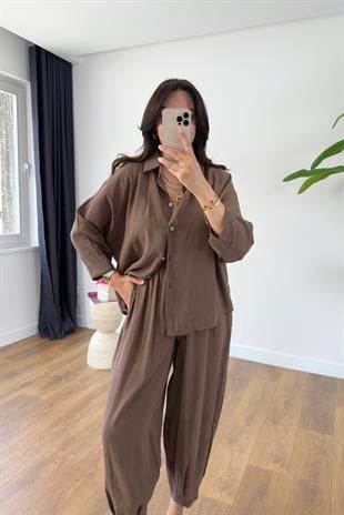 Hunas Kahve Premium Pantolon Gömlek Takım