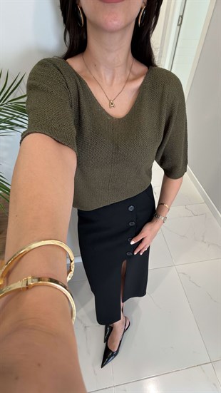 Hunra Haki Yarım Kol Örgü Bluz