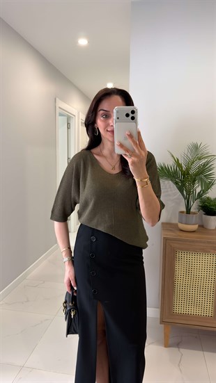 Hunra Haki Yarım Kol Örgü Bluz