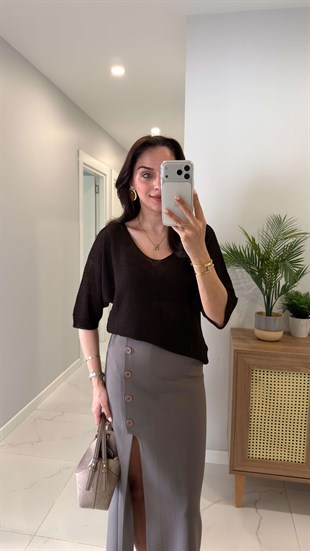 Hunra Kahve Yarım Kol Örgü Bluz