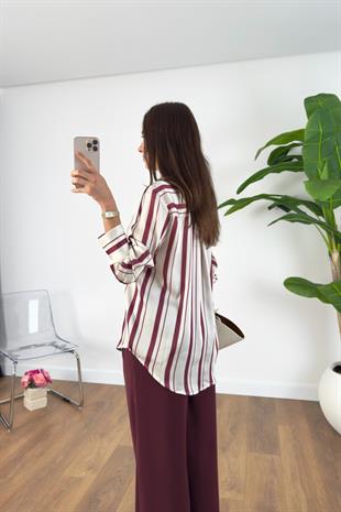 Husina Bordo Ekru Çizgili Saten Gömlek