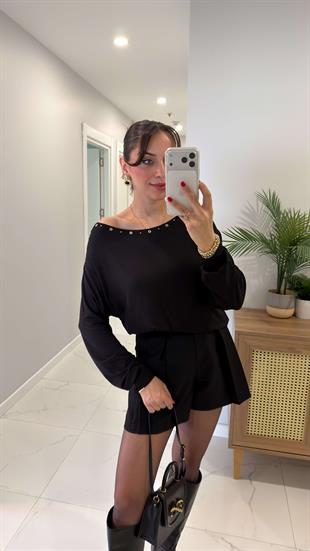 İlda Siyah Yakası Kuş Gözü Detaylı Bluz