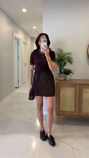 İllas Kahve Pileli Şort Etek