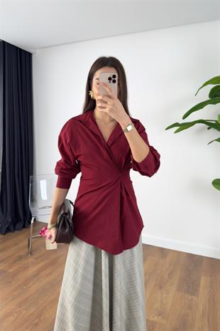 İslana Bordo Ön Düğme Detaylı Gömlek