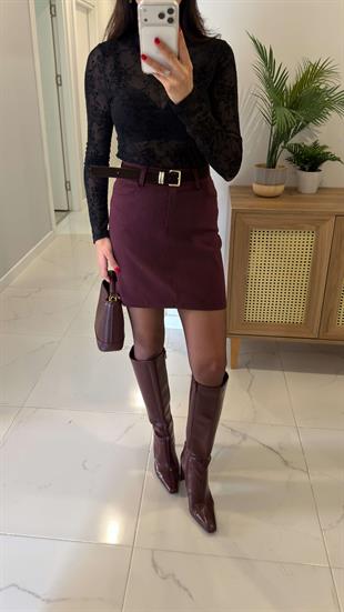 İzland Bordo Premium Kemerli Etek