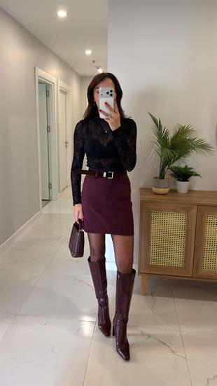 İzland Bordo Premium Kemerli Etek