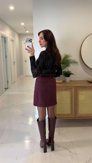 İzland Bordo Premium Kemerli Etek