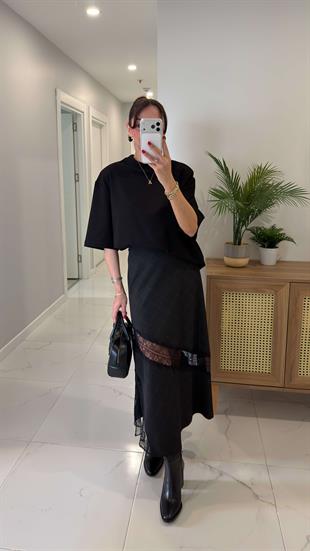 Jaga Siyah Premium Dantel Detaylı Etek