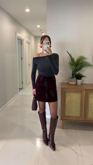 Jagro Lacivert Bordo Flok Baskılı Etek
