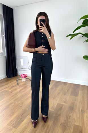 Jana Dark Blue Gold Düğmeli Yelekli Takım