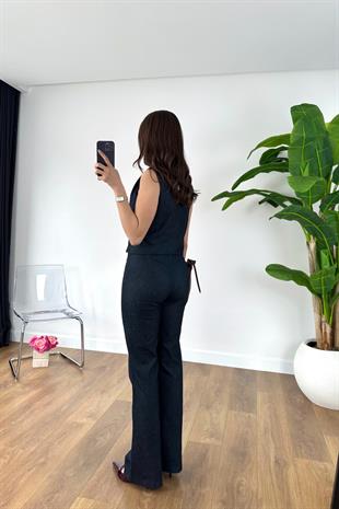Jana Dark Blue Gold Düğmeli Yelekli Takım