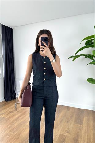 Jana Dark Blue Gold Düğmeli Yelekli Takım