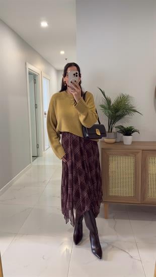 Jana Kahve Ekose Asimetrik Kesim Etek
