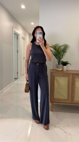 Janly Lacivert Kemerli Bluz Pantolon Takım