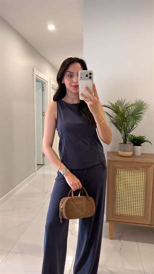 Janly Lacivert Kemerli Bluz Pantolon Takım