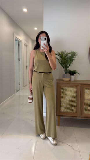 Janly Olive Kemerli Bluz Pantolon Takım