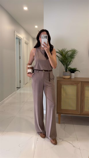 Janly Vizon Kemerli Bluz Pantolon Takım