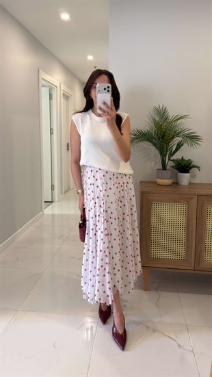 Jaste Ekru Astarlı Puantiyeli Etek