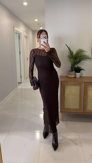 Jedro Kahve Dantelli Yırtmaç Detaylı Astarlı Elbise
