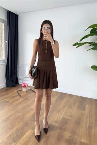 Jena Acı Kahve Önü Bağlama Detaylı Mini Elbise