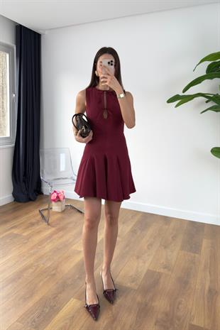 Jena Bordo Önü Bağlama Detaylı Mini Elbise