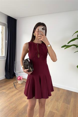 Jena Bordo Önü Bağlama Detaylı Mini Elbise