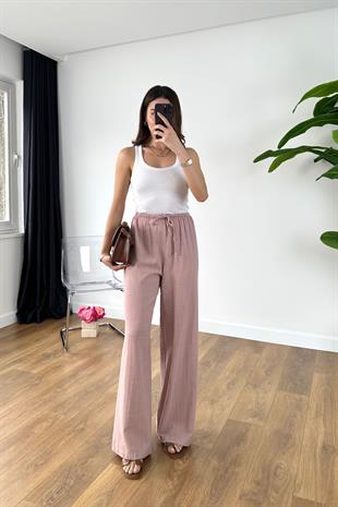 Jenilla Gül Kurusu Beli Bağlamalı Keten Pantolon