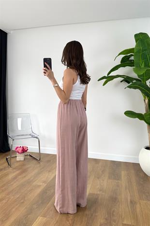 Jenilla Gül Kurusu Beli Bağlamalı Keten Pantolon