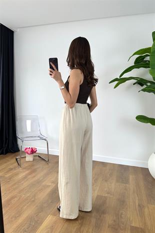 Jenilla Naturel Beli Bağlamalı Keten Pantolon