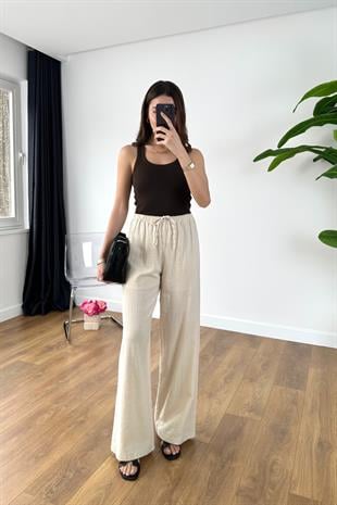 Jenilla Naturel Beli Bağlamalı Keten Pantolon