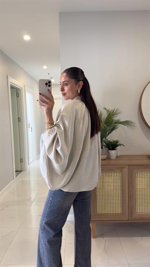 Jenlansa Bej Saten Yarasa Kol Bomber Ceket