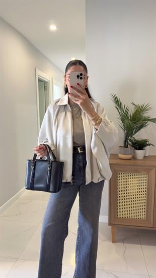 Jenlansa Bej Saten Yarasa Kol Bomber Ceket