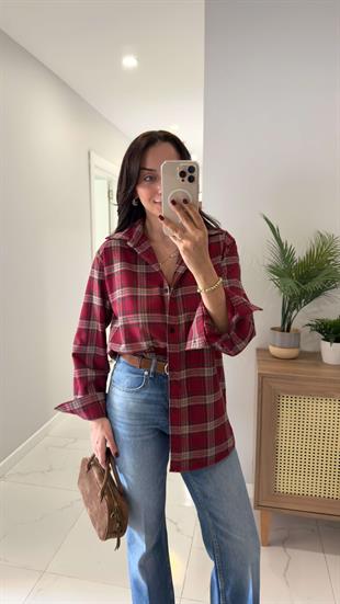 Jensan Bordo Bej Ekoseli Gömlek