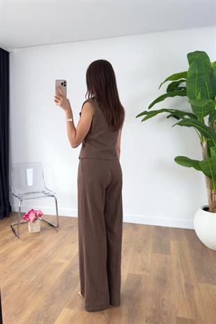 Jesna Kahve Keten Premium Yelek Pantolon Takım