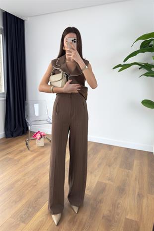 Jesna Kahve Keten Premium Yelek Pantolon Takım