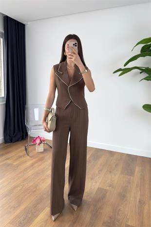 Jesna Kahve Keten Premium Yelek Pantolon Takım