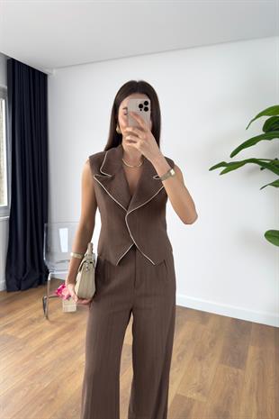 Jesna Kahve Keten Premium Yelek Pantolon Takım