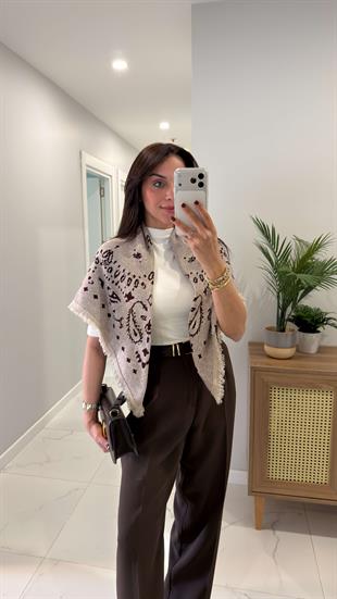 Jessie Bej Bordo Desenli Şal Triko