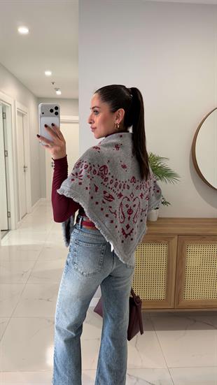 Jessie Gri Bordo Desenli Şal Triko