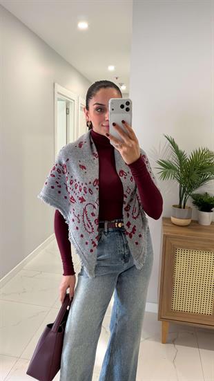 Jessie Gri Bordo Desenli Şal Triko