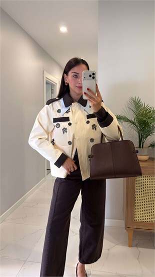 Jessie Krem Süet Yaka İşlemeli Ceket