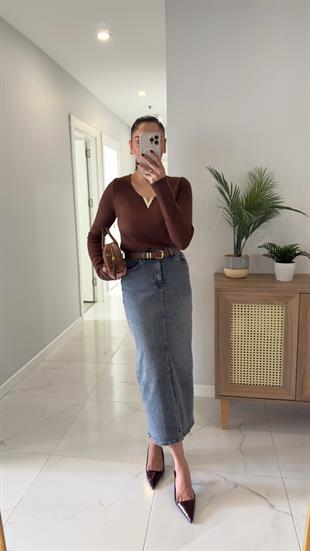 Jesta Mavi Tint Ön Yırtmaç Detaylı Etek