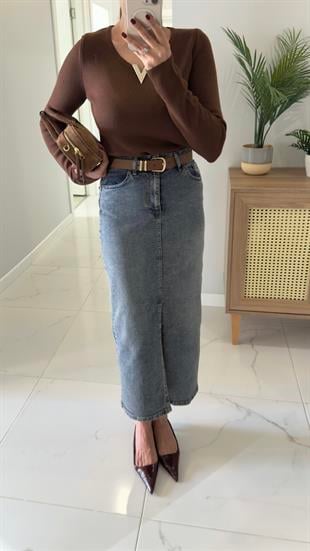 Jesta Mavi Tint Ön Yırtmaç Detaylı Etek