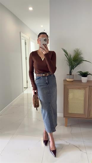 Jesta Mavi Tint Ön Yırtmaç Detaylı Etek