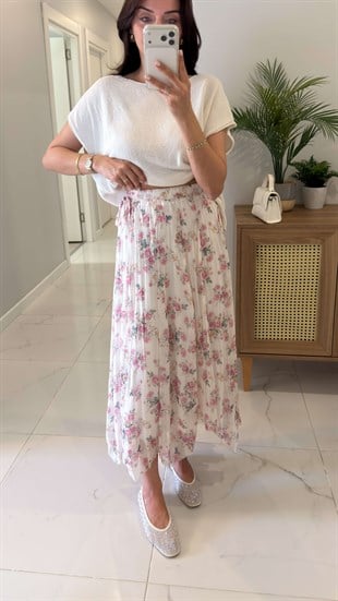 Jigos Pembe Çiçek Desenli Astarlı Etek