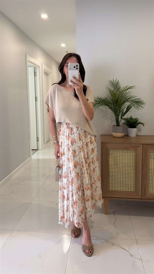 Jigos Turuncu Çiçek Desenli Astarlı Etek